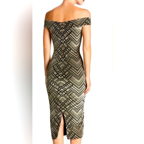 DRESS the POPULATION Taupe Black Eden Geo Velvet Off Shoulder Bodycon Midi Dress - Picture 5 of 8